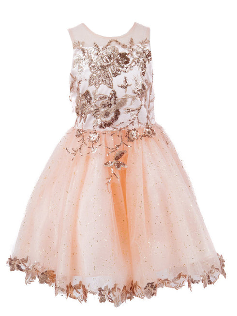 Girls Blush Satin Glitter Tulle Gold Lace Party Dress 2-16 - SophiasStyle.com front